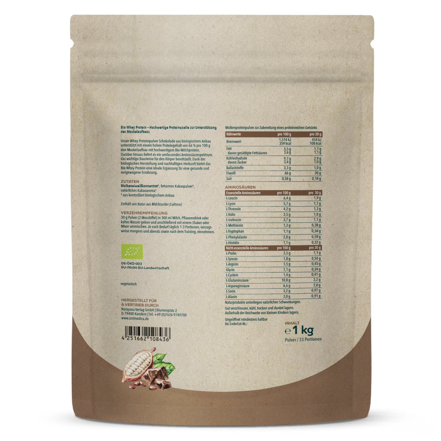 Bio Whey Protein - Schokolade - 67 % Protein - 1 kg - von Unimedica