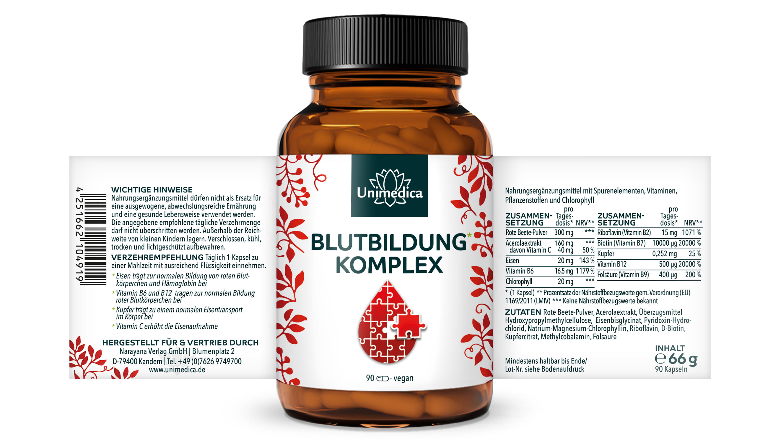 Blutbildung* Komplex - mit Eisen, Acerola, Chlorophyll, Kupfer und Vitaminen - 90 Kapseln - von Unimedica