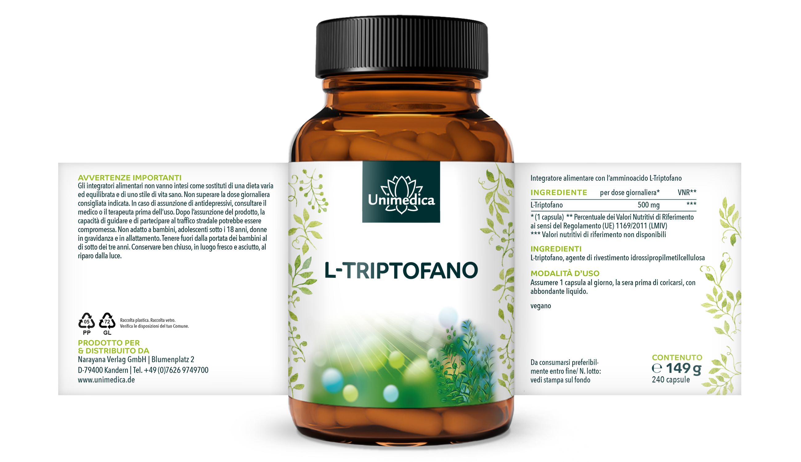 L-Triptofano - 500 mg per dose giornaliera (1 capsula) - 240 capsule - di Unimedica