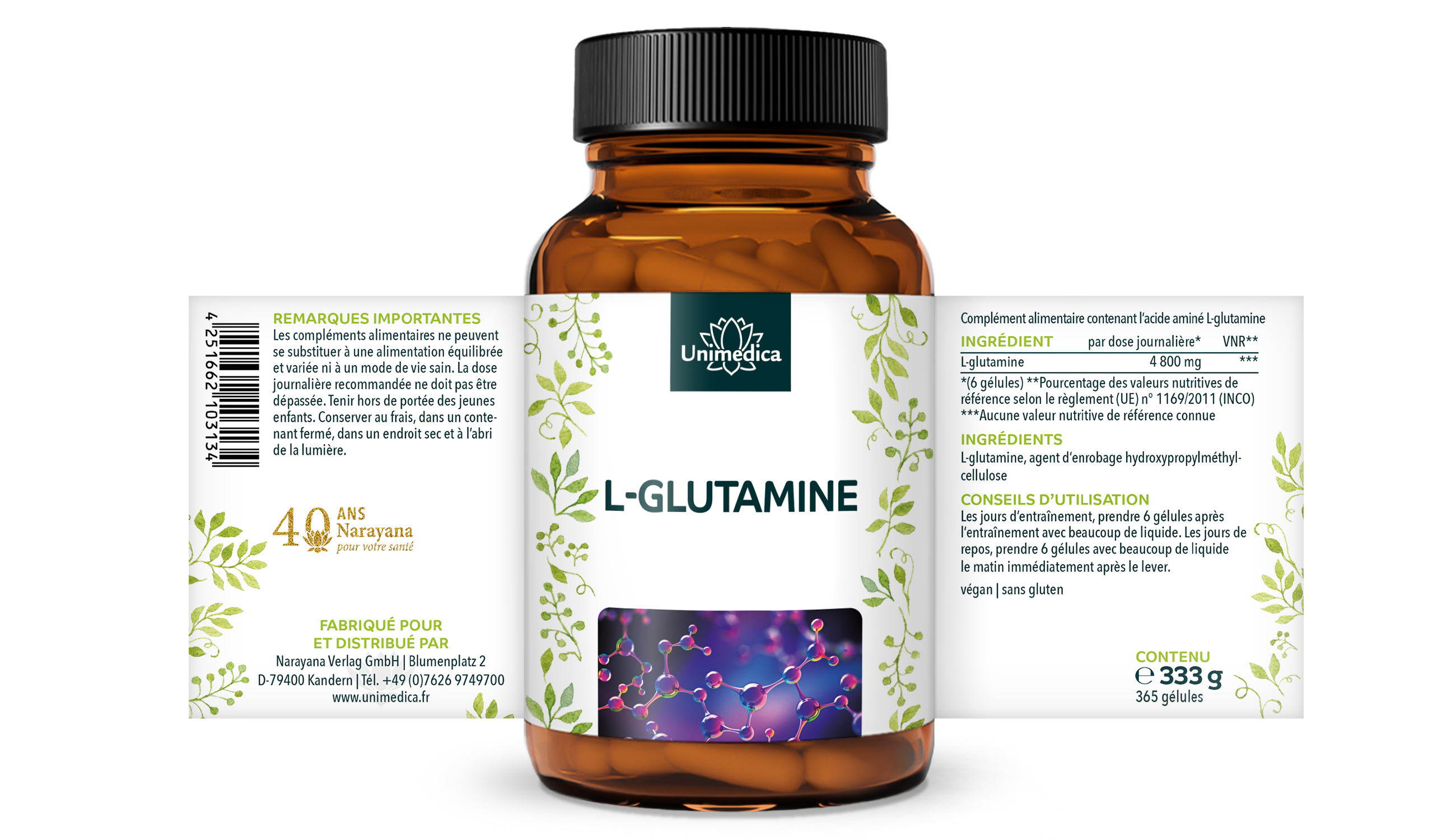 L-glutamine  acide aminé semi-essentiel - 365 gélules - par Unimedica