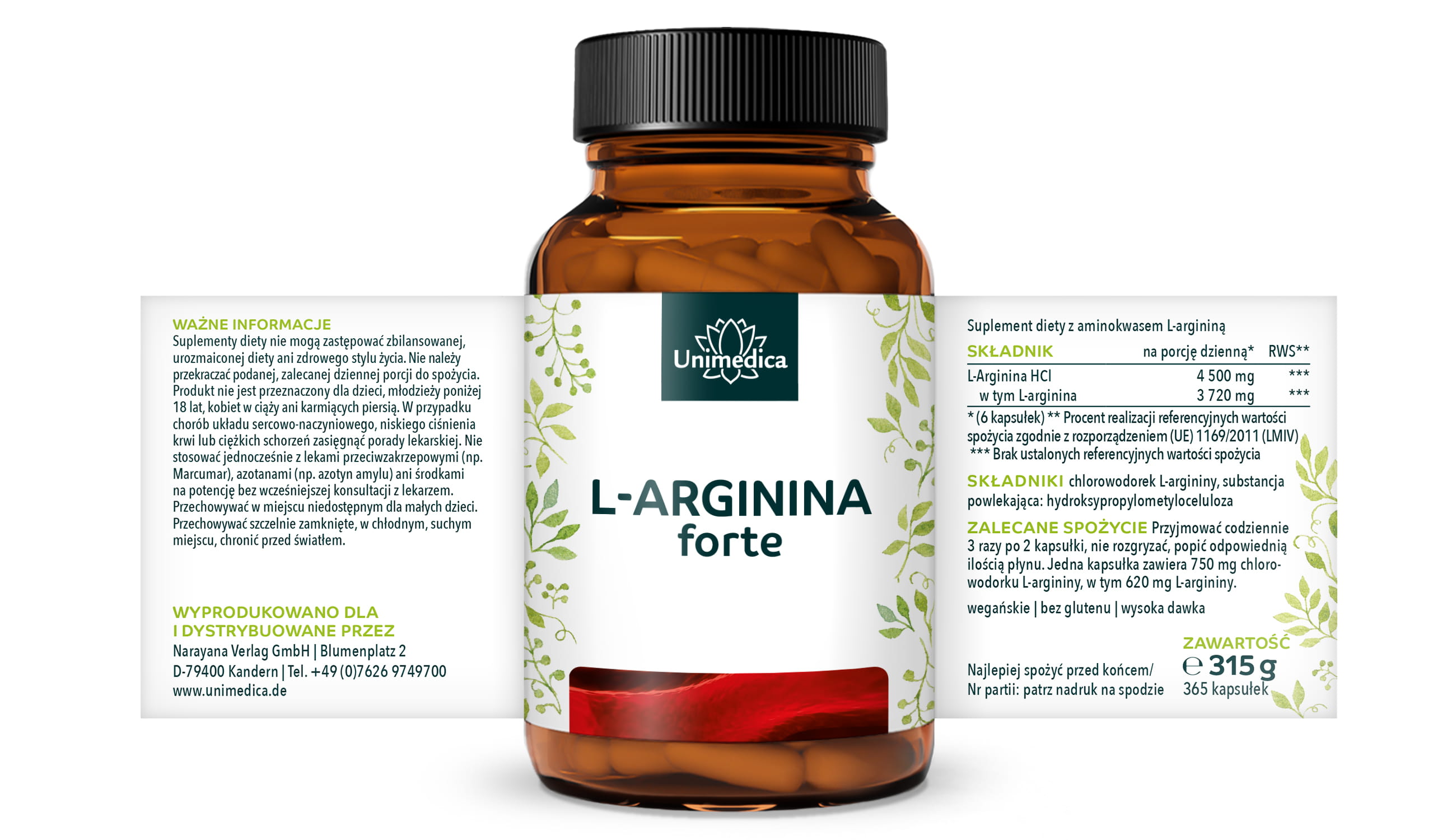 L-arginina forte - 3720 mg w dawce dziennej (6 kapsułek) - z naturalnej fermentacji - wysokodawkowa - wegańska - 365 kapsułek - od Unimedica