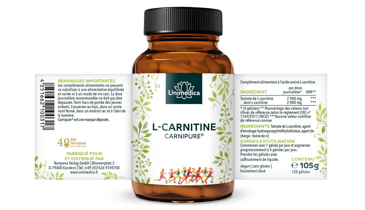 L-carnitine (Carnipure®) - 2000 mg par dose journalière - 120 gélules  par Unimedica