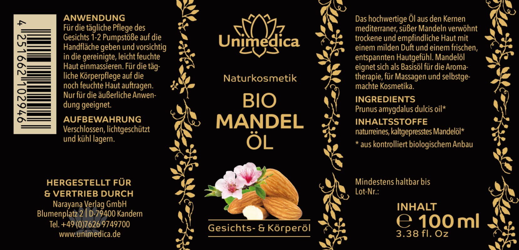 Bio Mandelöl - Gesichts- und Körperöl - 100 ml - von Unimedica