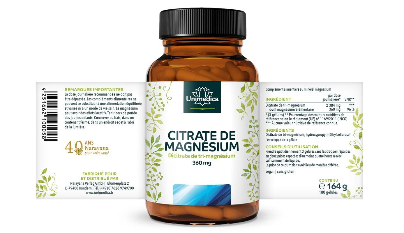 Lot de 2: Dicitrate de tri-magnésium - 360 mg de magnésium élémentaire par dose journalière - 2 x 180 gélules - par Unimedica