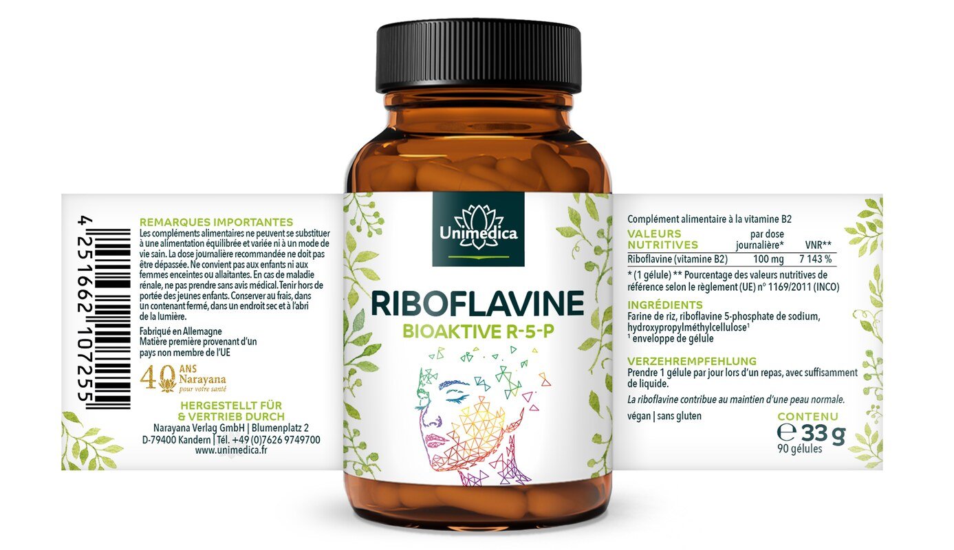 Riboflavine bioactive  riboflavine 5-phosphate de sodium (R-5-P) - 100 mg par dose journalière (1 gélule) - 90 gélules - par Unimedica