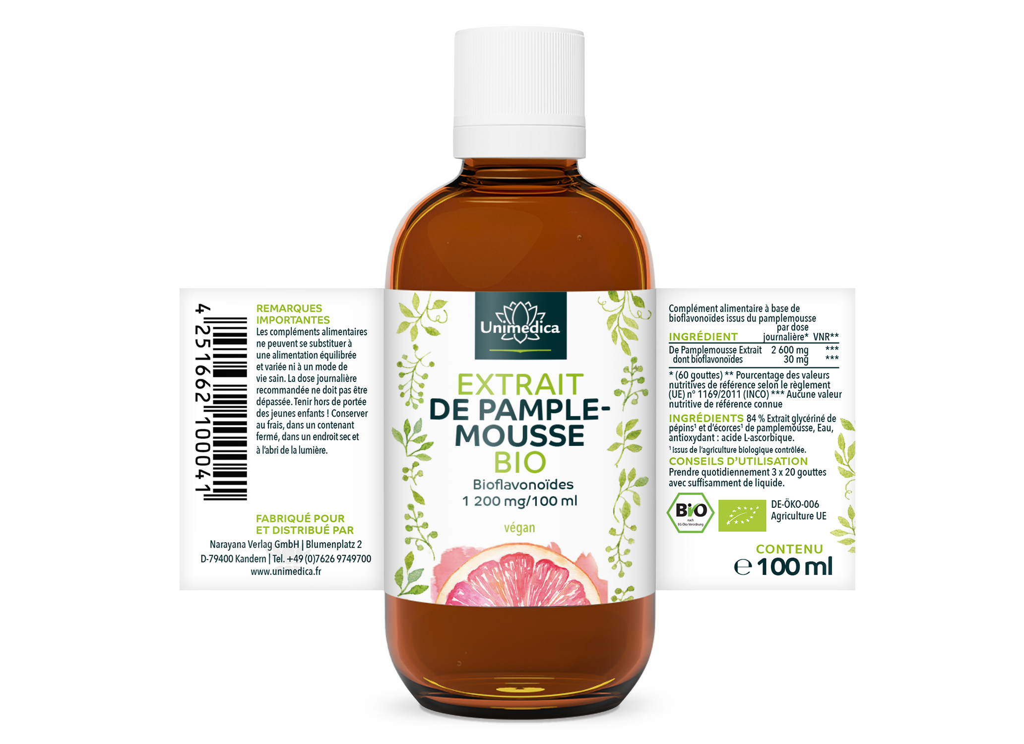Extrait de pépins de pamplemousse biologique - 2600 mg par dose quotidienne (3 x 20 gouttes) - 100 ml - par Unimedica