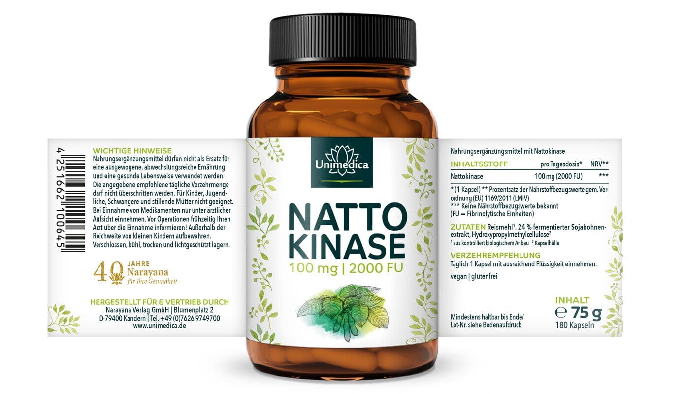 Nattokinase - 100 mg / 2000 FU pro Tagesdosis (1 Kapsel) - 180 Kapseln - von Unimedica