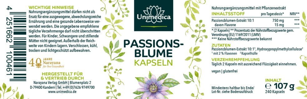 Passionsblume - 750 mg pro Tagesdosis (2 Kapseln) - 240 Kapseln - von Unimedica