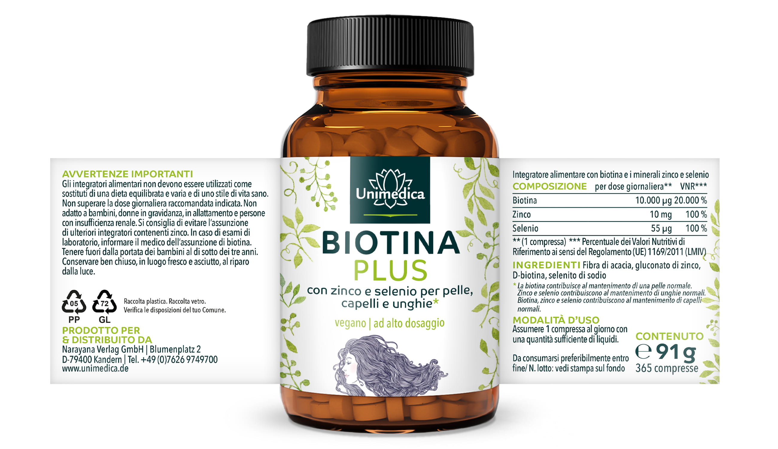 Biotina Plus con selenio e zinco* - per pelle, capelli e unghie - ad altissimo dosaggio - 365 compresse - di Unimedica