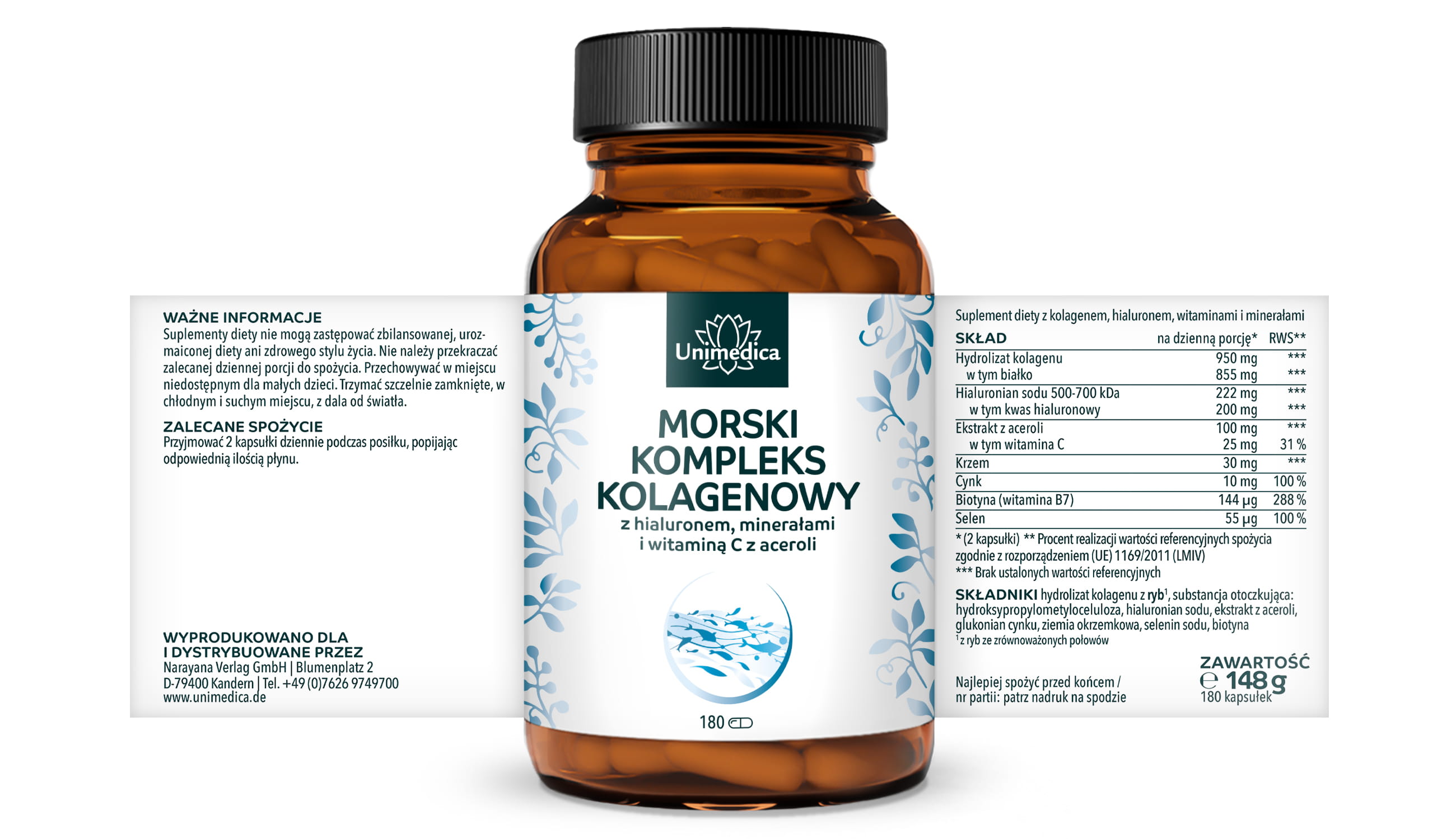 Kompleks kolagenu morskiego - z hialuronem, witaminami i minerałami - 180 kapsułek - od Unimedica