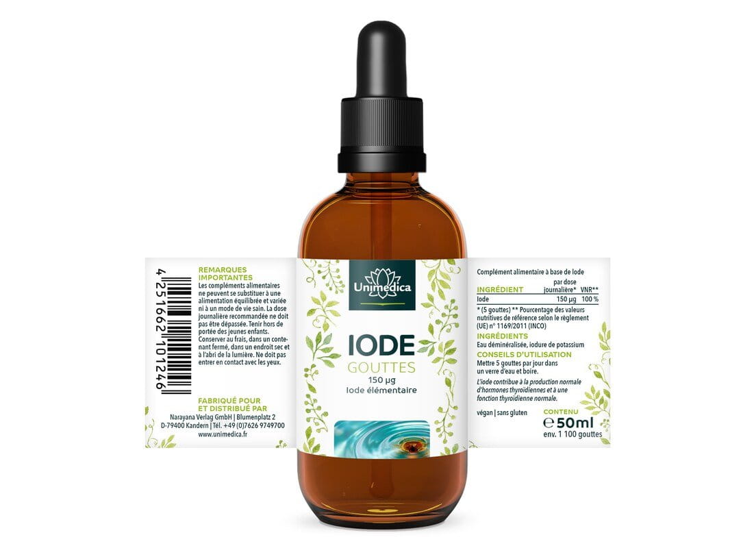 Gouttes d'iode - 150 µg par dose journalière - véganes - 50 ml - par Unimedica