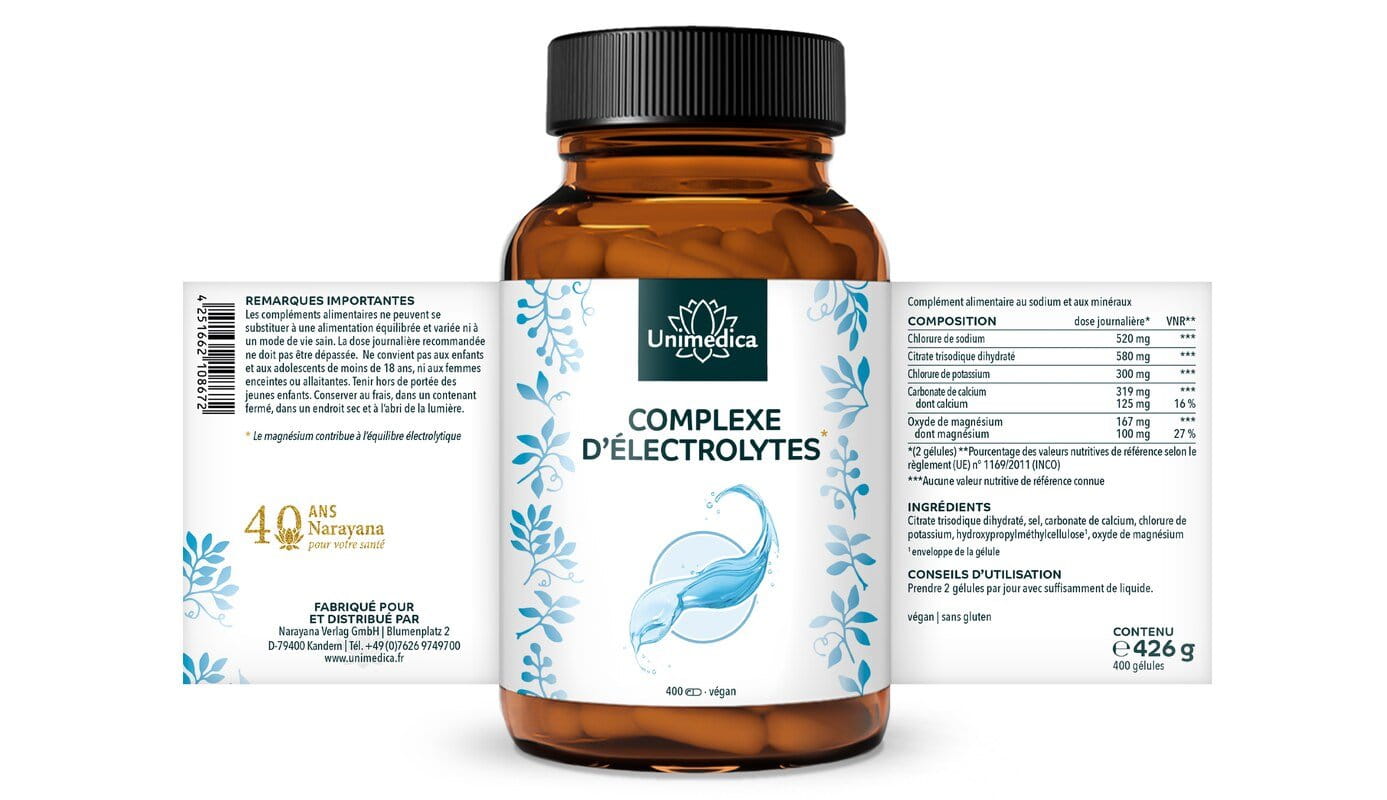 Complexe d'électrolytes avec sodium, potassium, calcium et magnésium - Convient au régime cétogène - 400 gélules - par Unimedica