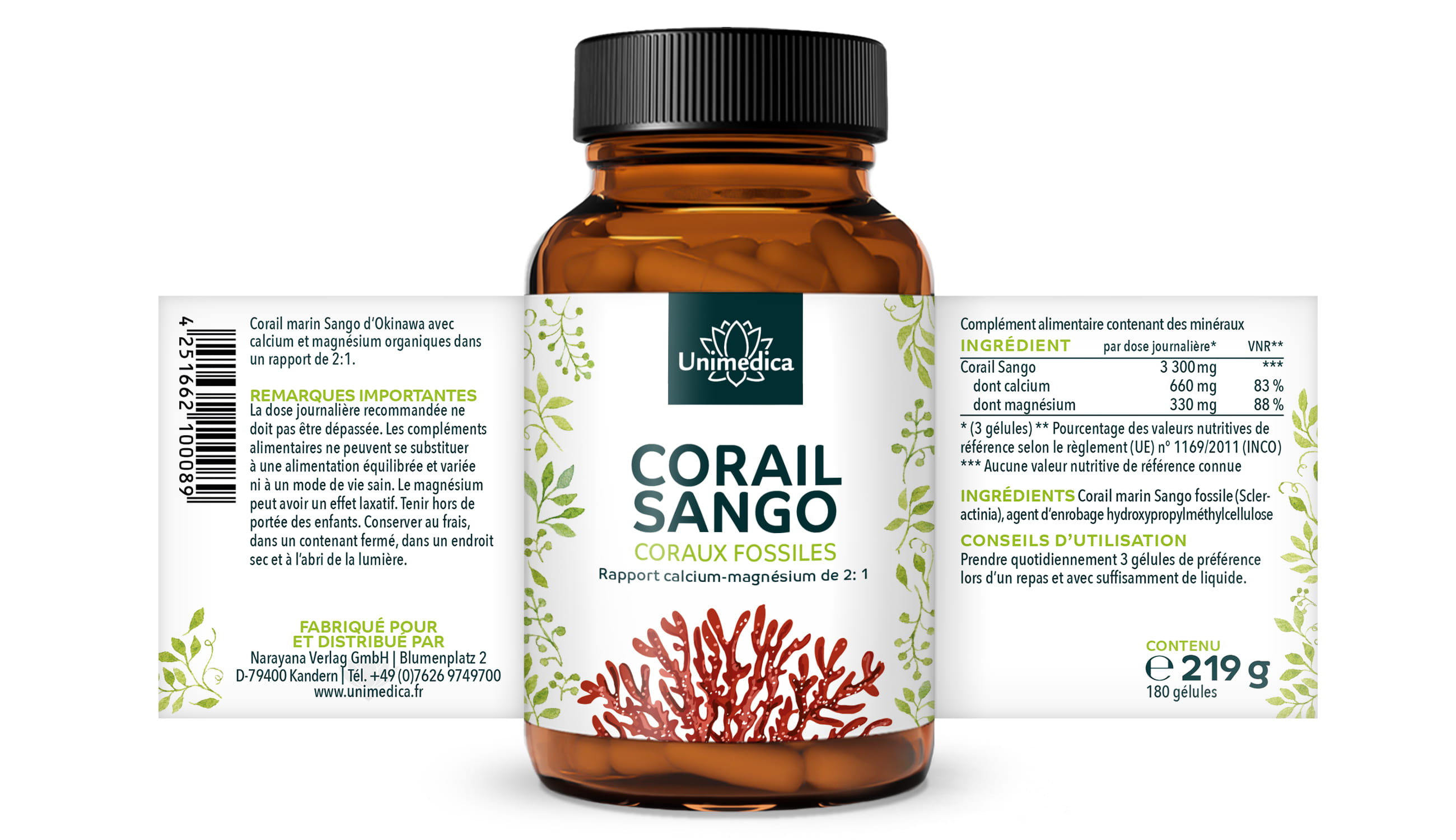 Sango Koralle - 90 % corail fossile - 180 gélules- Unimedica