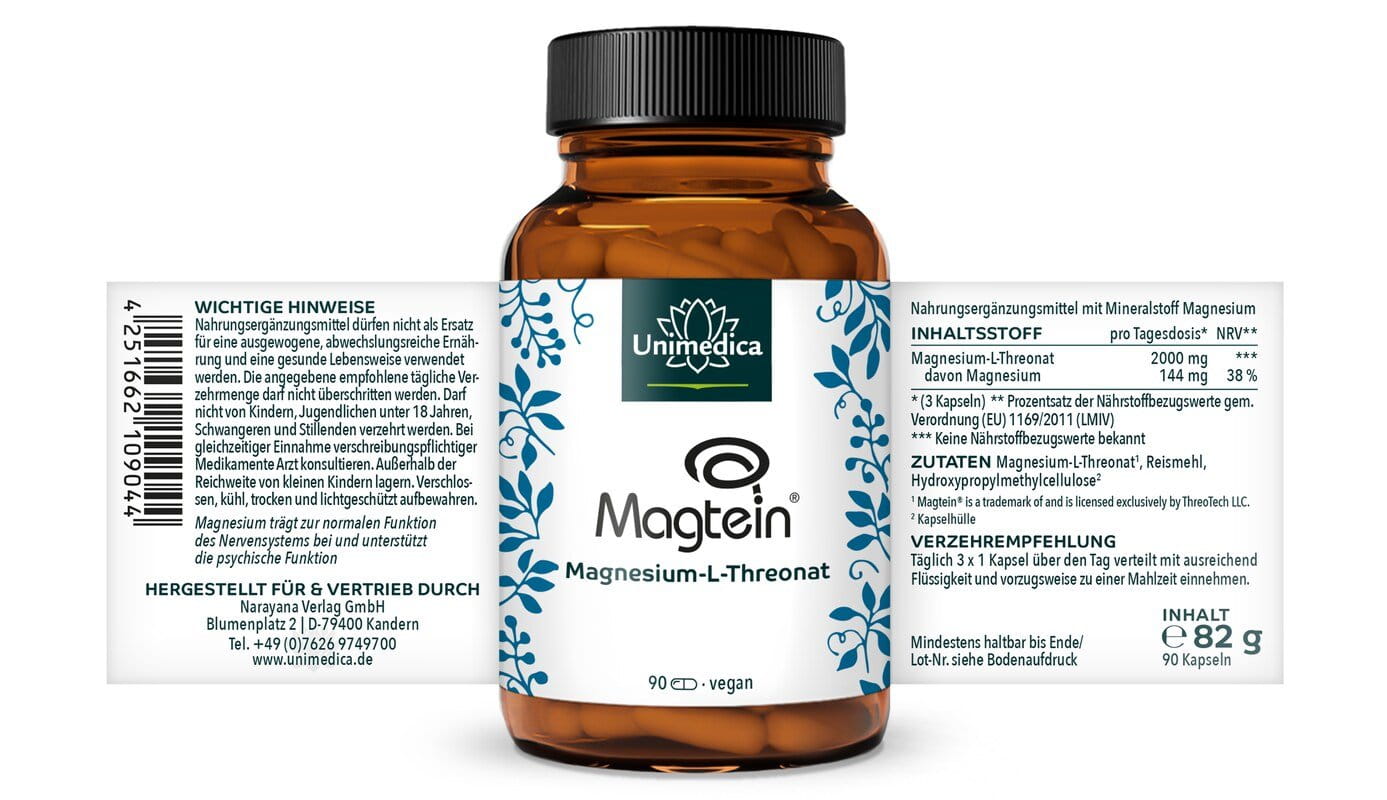Magnesium L-Threonat - Magtein® - 144 mg Magnesium pro Tagesdosis (3 Kapseln) - 90 Kapseln  von Unimedica