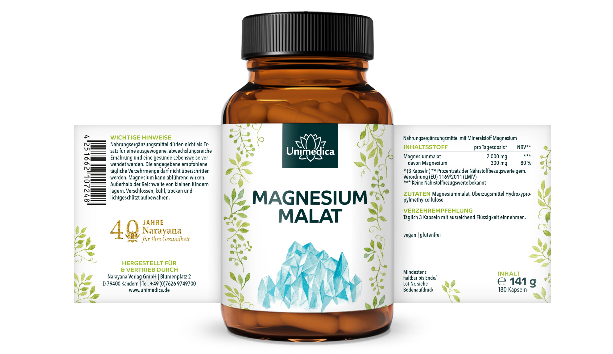 Magnesium Malat  - 300 mg Magnesium pro Tagesdosis (3 Kapseln) - 180 Kapseln - von Unimedica