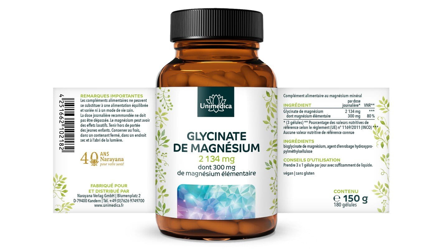 Glycinate de magnésium - avec 300 mg de magnésium pur par dose journalière - 180 gélules - par Unimedica