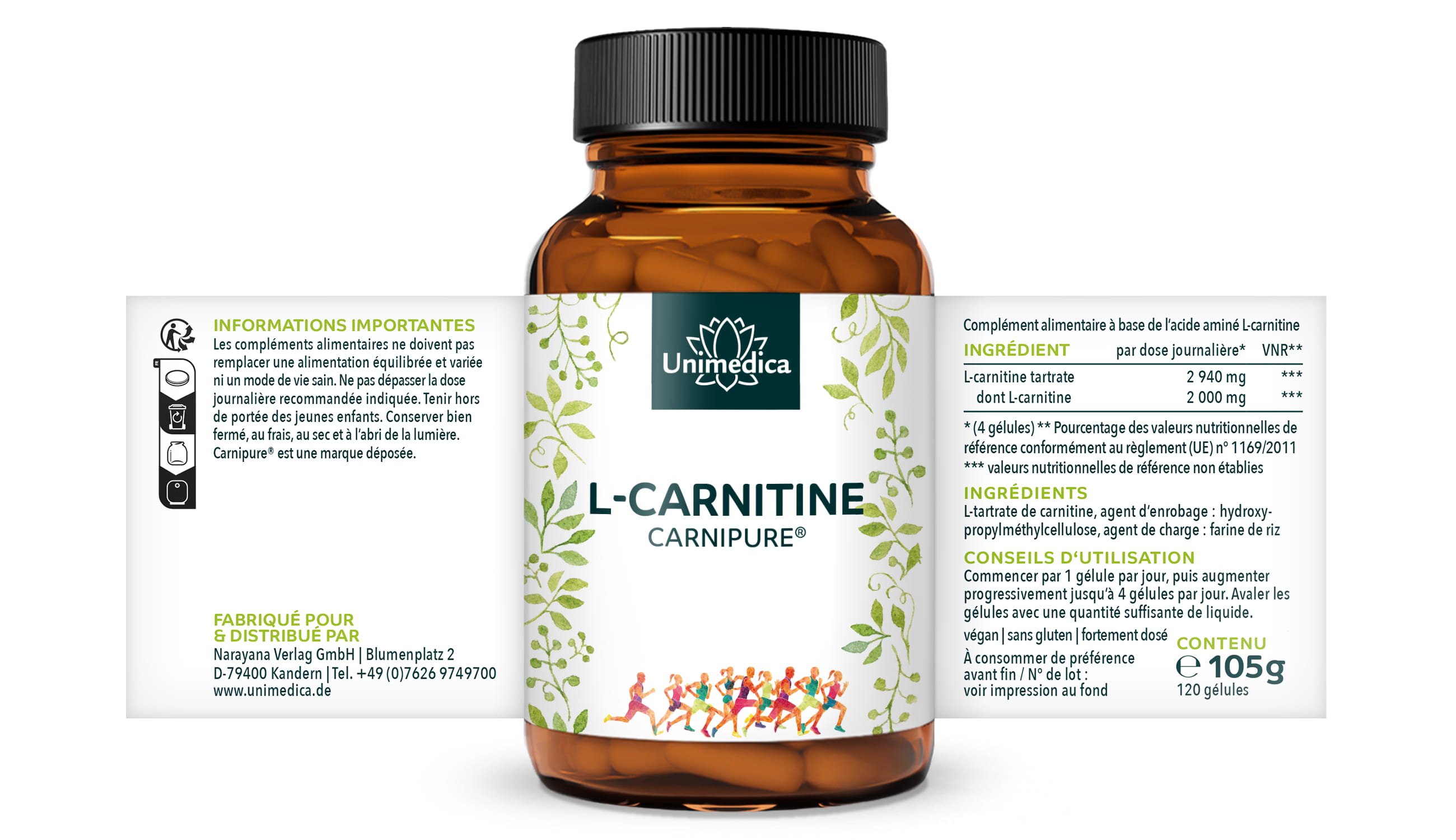 L-carnitine (Carnipure®) - 2000 mg par dose journalière - 120 gélules  par Unimedica