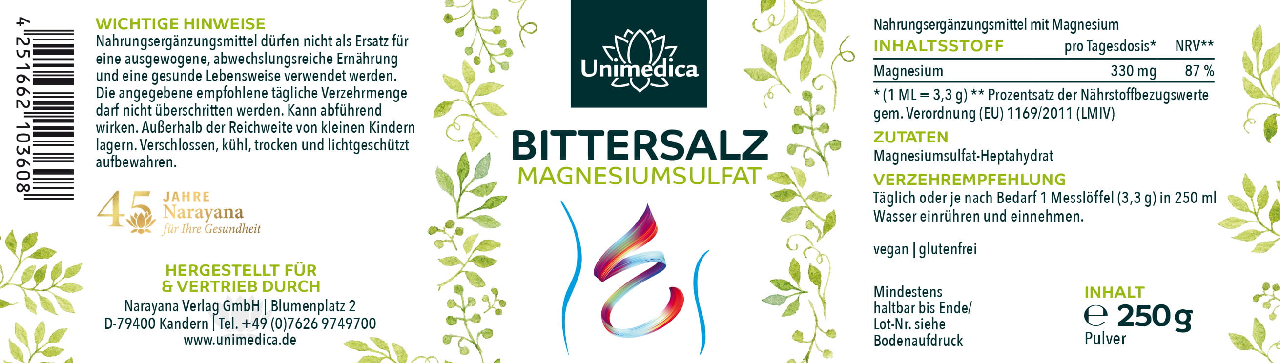 Sel d'Epsom - Sulfate de magnésium 330 mg - 250 g - par Unimedica