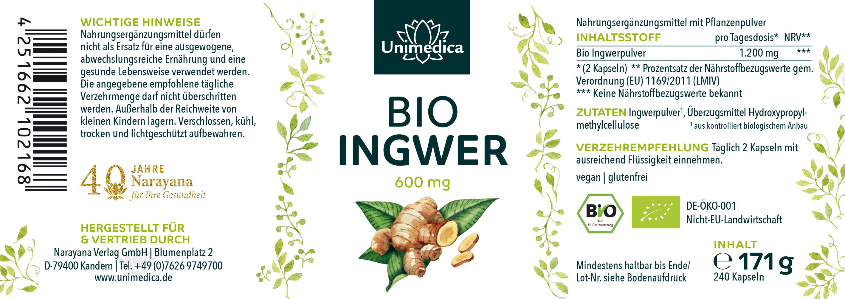 Bio Ingwer - 1200 mg pro Tagesdosis (2 Kapseln) - 240 Kapseln - von Unimedica