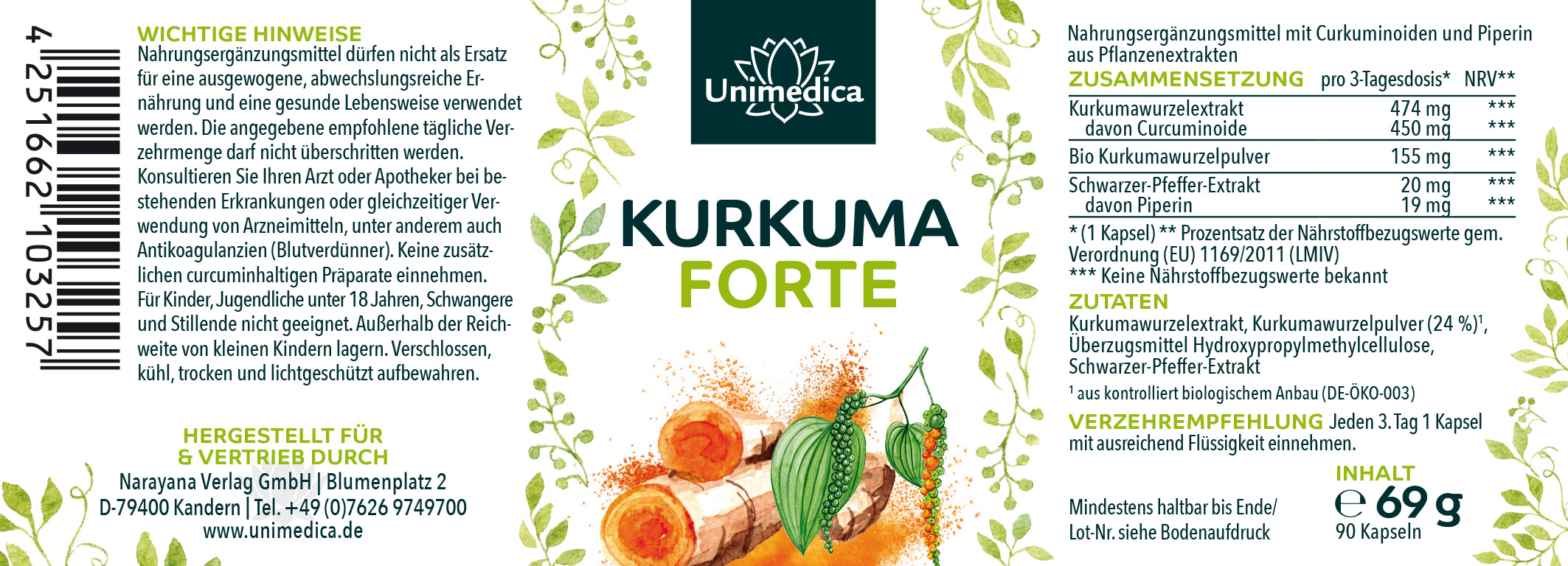 Kurkuma FORTE - mit schwarzem Pfeffer - 90 Kapseln - von Unimedica