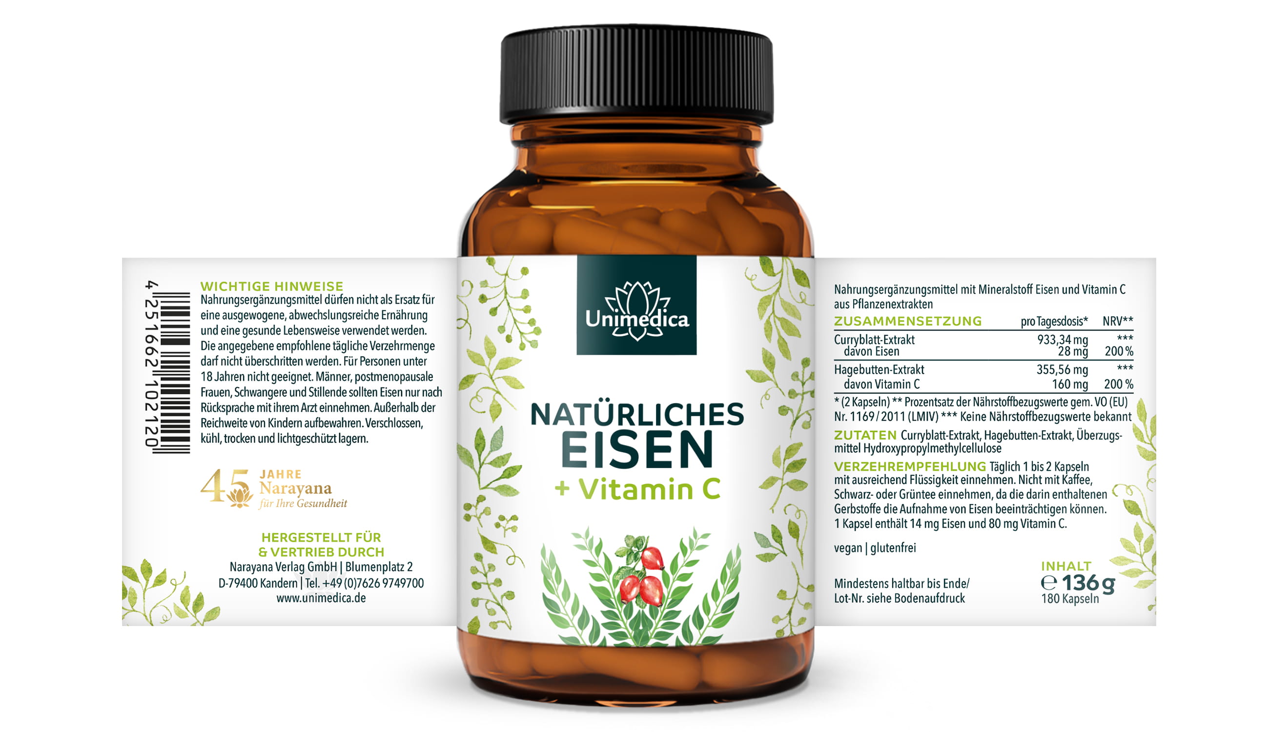 2er-Sparset: Natürliches Eisen aus Curryblatt Extrakt + Vitamin C aus Hagebutten Extrakt - 28 mg Eisen + 160 mg Vitamin C pro Tagesdosis (2 Kapseln) - 2 x 180 Kapseln - von Unimedica