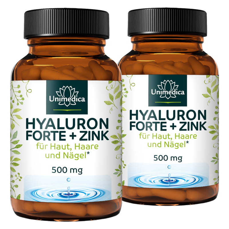 2er-Sparset: Hyaluron forte - mit Zink für Haut, Haare und Nägel* - 500 mg Hyaluron pro Tagesdosis (1 Kapsel) - hochdosiert - 2 x 90 Kapseln - von Unimedica