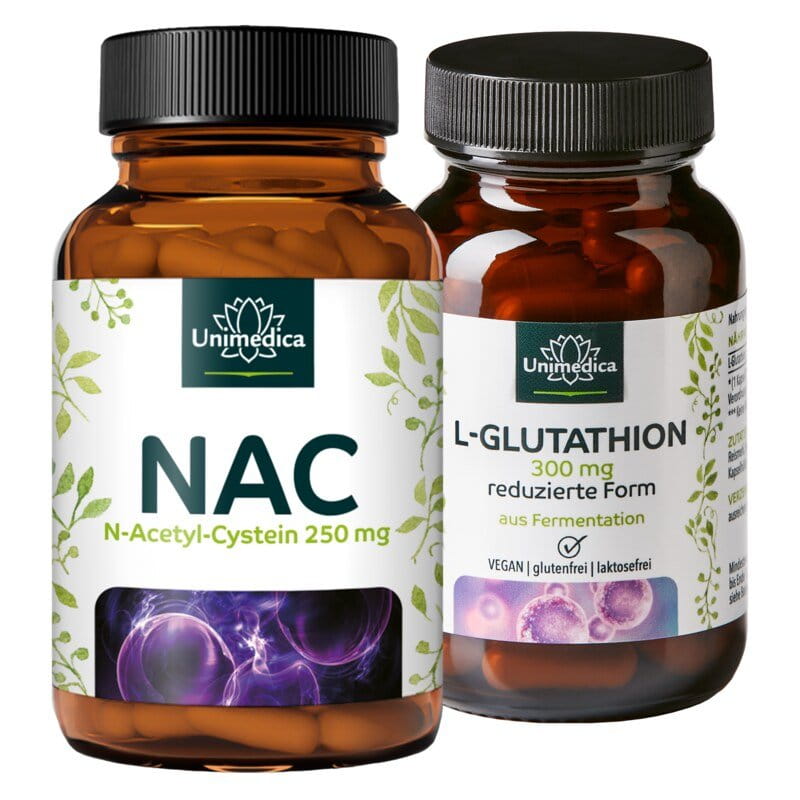 Lot de 2: 1 x L-Glutathion réduit et 1 x NAC - 300 mg, haute dose, issu de la fermentation naturelle, 60 capsules & NAC - 250 mg - N-Acétyl-Cystéine issu de la fermentation naturelle - 90 capsules