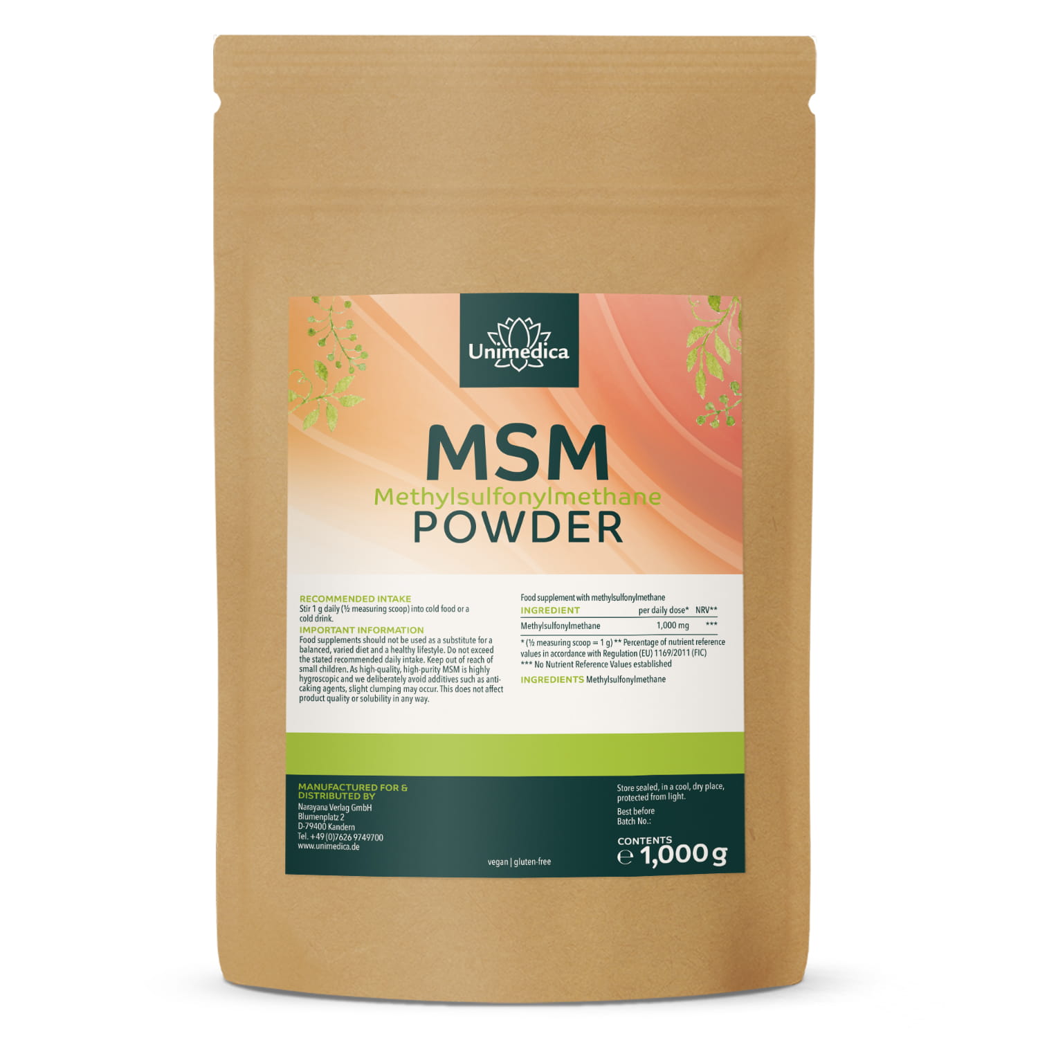 MSM Powder - 1000 mg per daily dose - 1000 g - 99% pure
