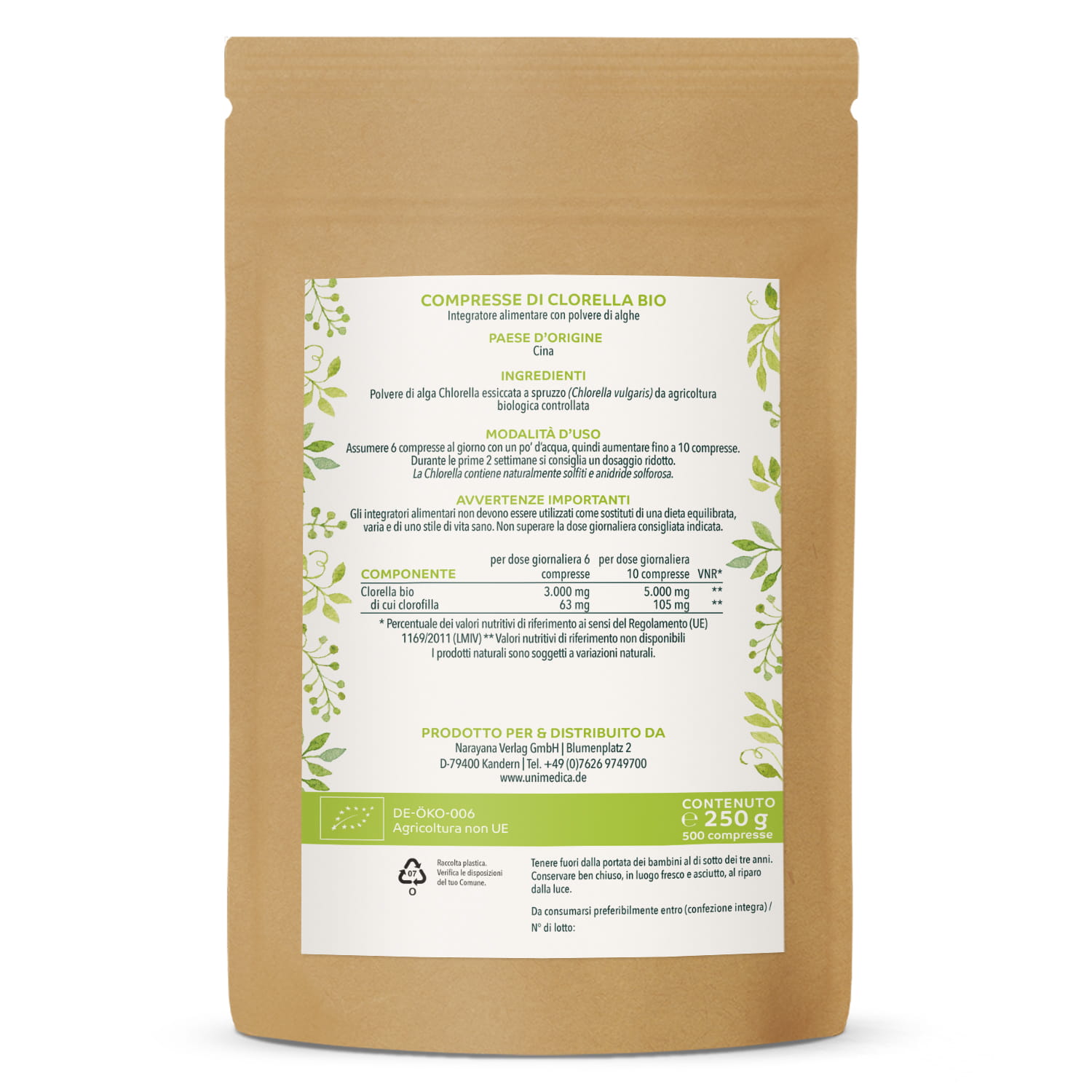 Chlorella biologica - 500 compresse da 500 mg ciascuna di pura polvere di Chlorella - testata in laboratorio e naturalmente pura - di Unimedica