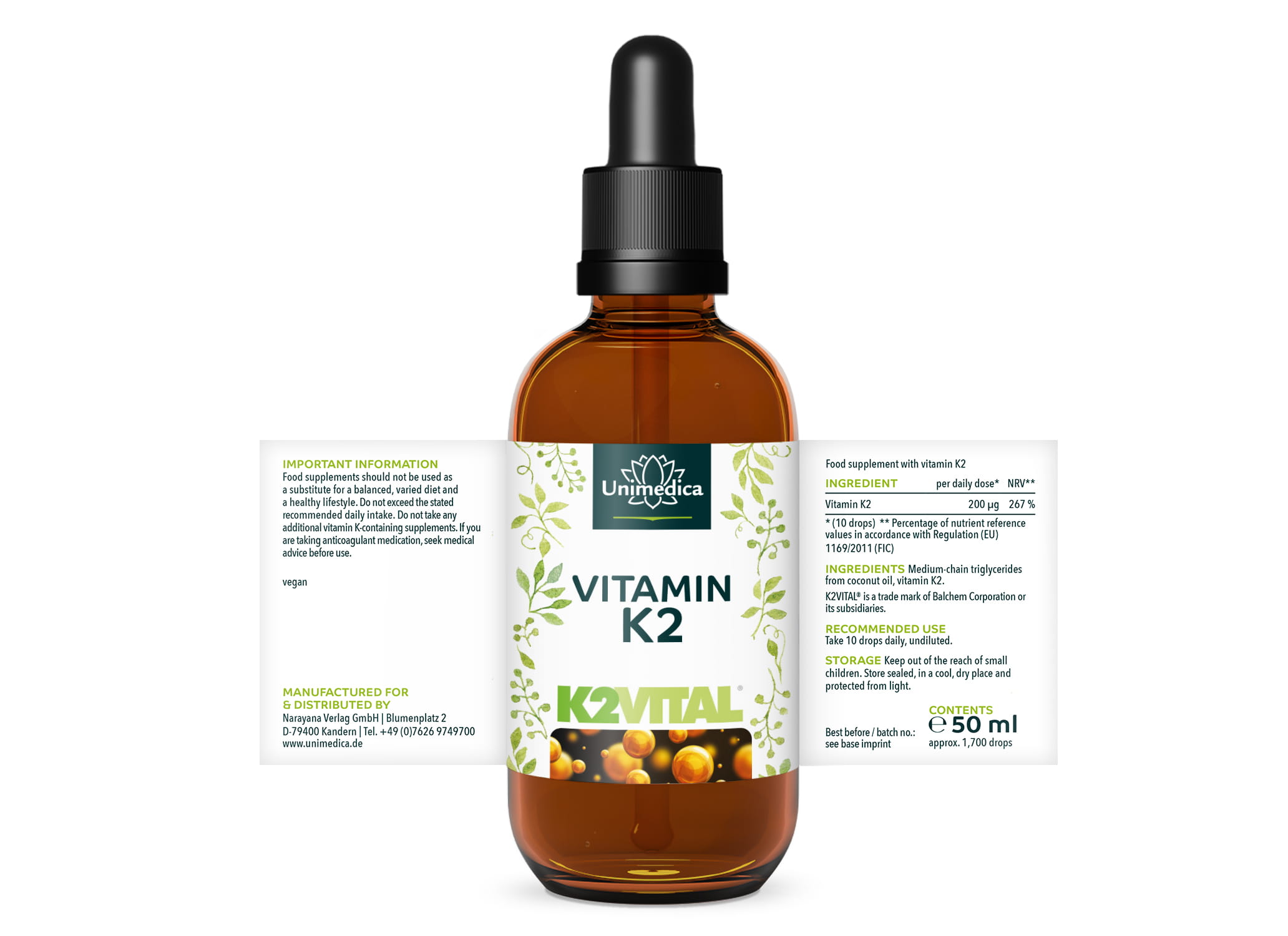 Vitamin K2 drops - 200 µg per daily dose - MK7 All-trans - high dose - 50 ml
