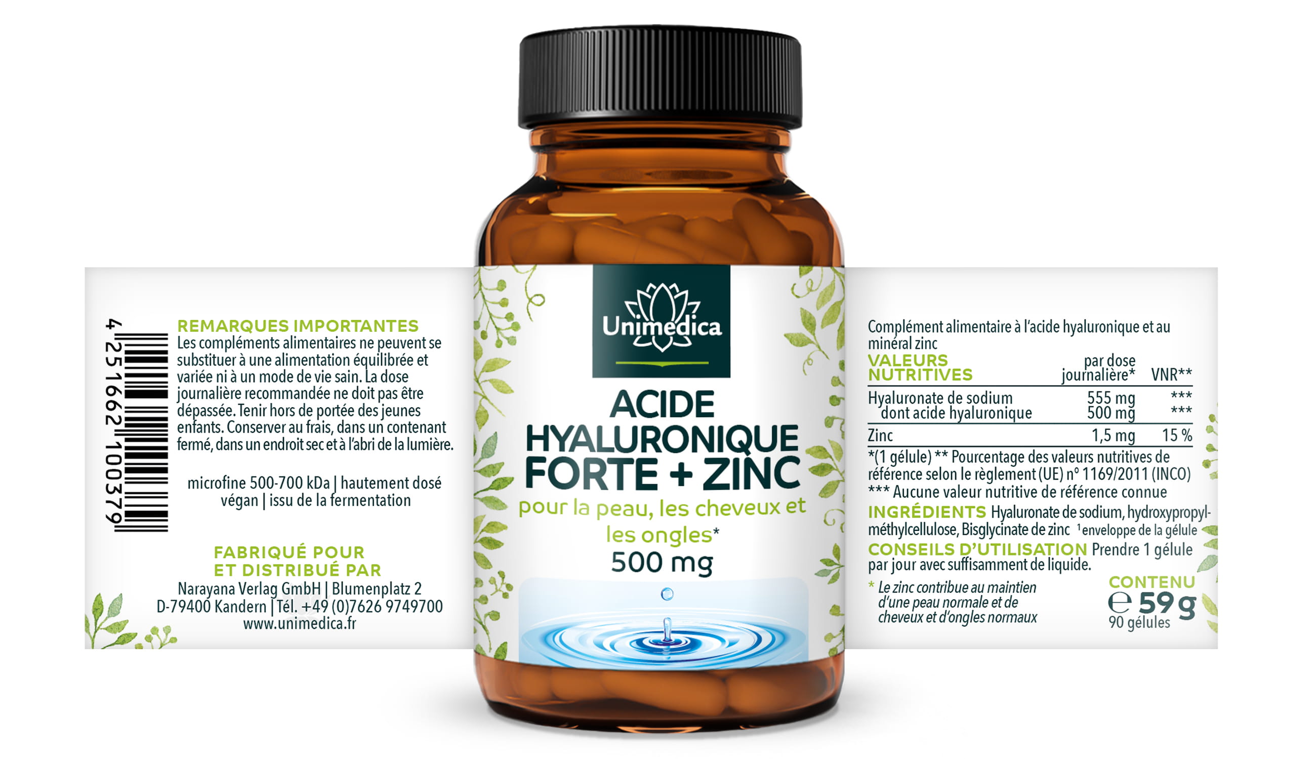 Acide hyaluronique forte  avec zinc pour la peau, les cheveux et les ongles* - 500 mg d'acide hyaluronique par dose journalière (1 gélule)  hautement dosé - 90 gélules - par Unimedica