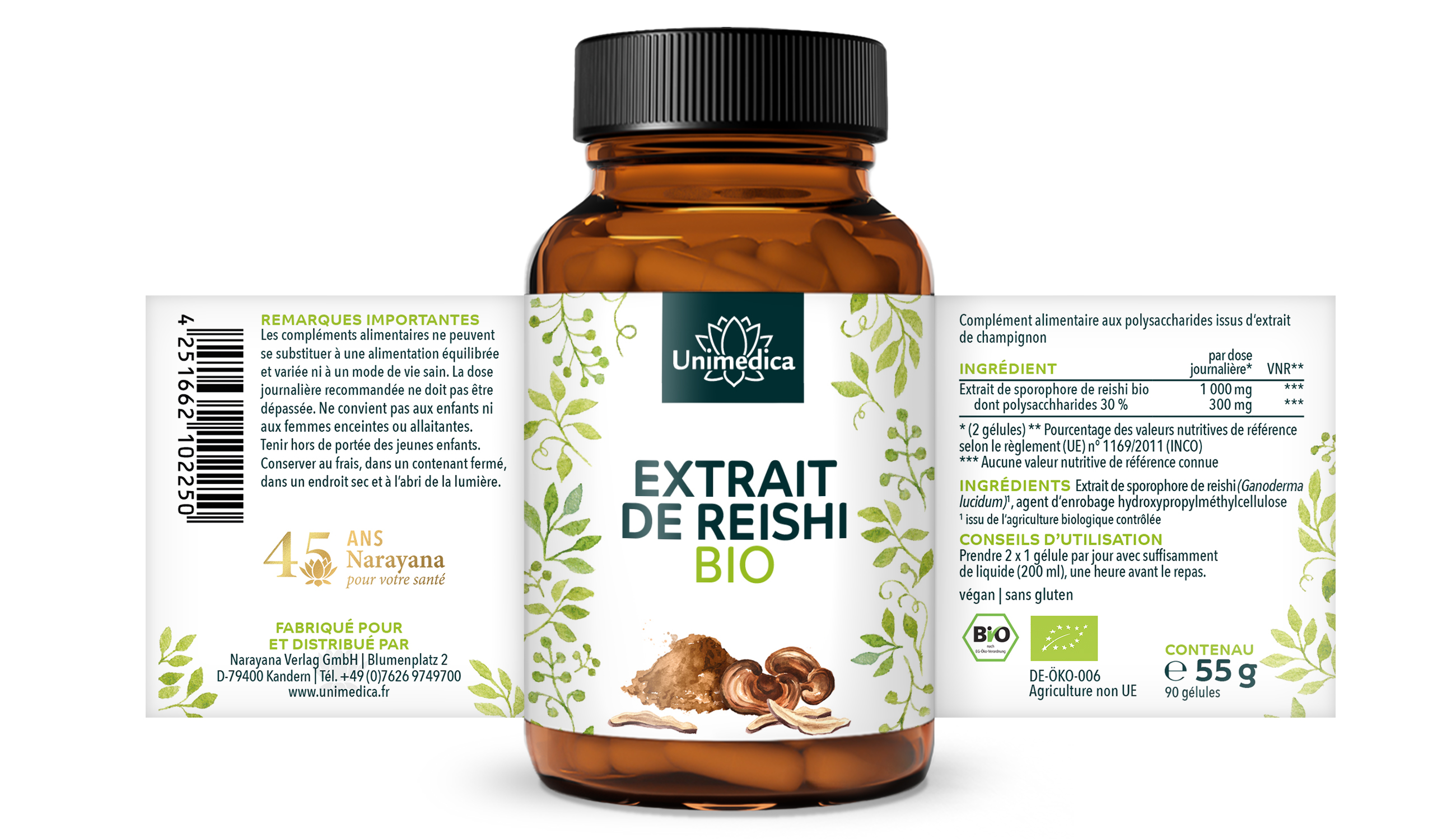 Reishi BIO - 1000 mg en dose quotidienne (2 gélules)  extrait de reishi avec 30 % de polysaccharides - 90 gélules - par Unimedica