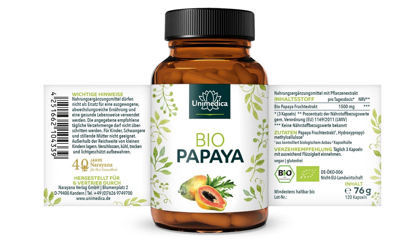 Bio Papaya Extrakt - 1.500 mg pro Tagesdosis (3 Kapseln) - 120 Kapseln - von Unimedica