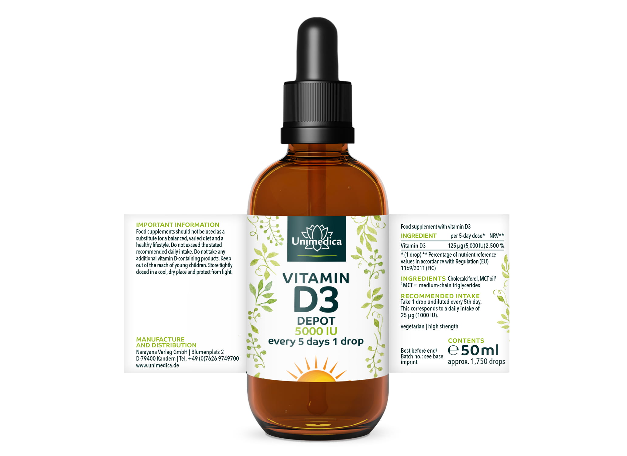 Vitamin D3 Drops - 5000 I.U. - DEPOT - 125 µg per 5-day dose (1 drop) - High-dose - 50 ml - from Unimedica