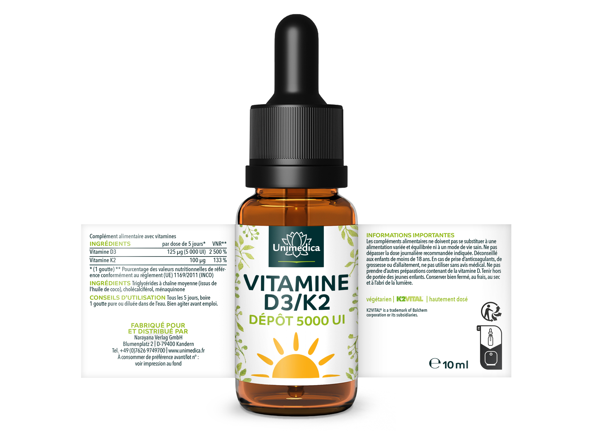 Vitamine D3 / K2 5 000 UI - DEPÔT - K2VITAL® - 125 µg D3 et 100 µg K2 par dose tous les 5 jours (1 goutte) - 10 ml - par Unimedica
