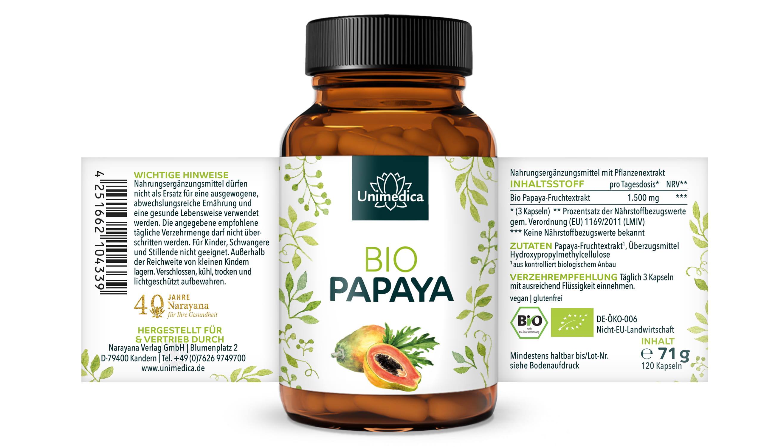 Bio Papaya Extrakt - 1.500 mg pro Tagesdosis (3 Kapseln) - 120 Kapseln - von Unimedica