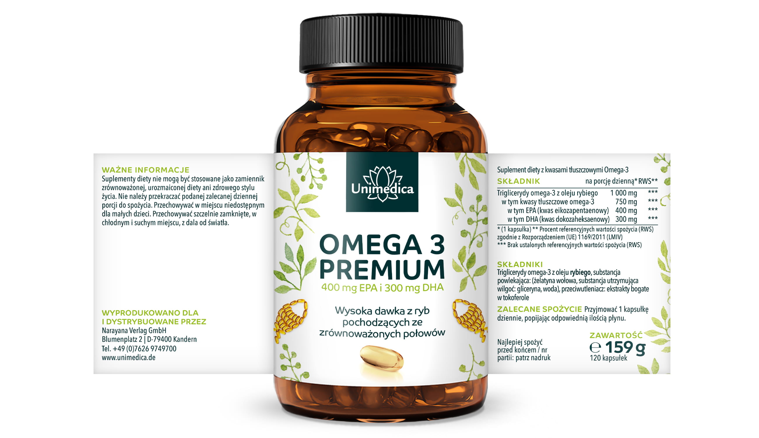 Omega-3 - premium olej rybi z 400 mg EPA i 300 mg DHA - o wysokiej dawce - pochodzący z zrównoważonych połowów - 1 000 mg na dzienną dawkę (1 kapsułka) - 120 miękkich kapsułek - od Unimedica
