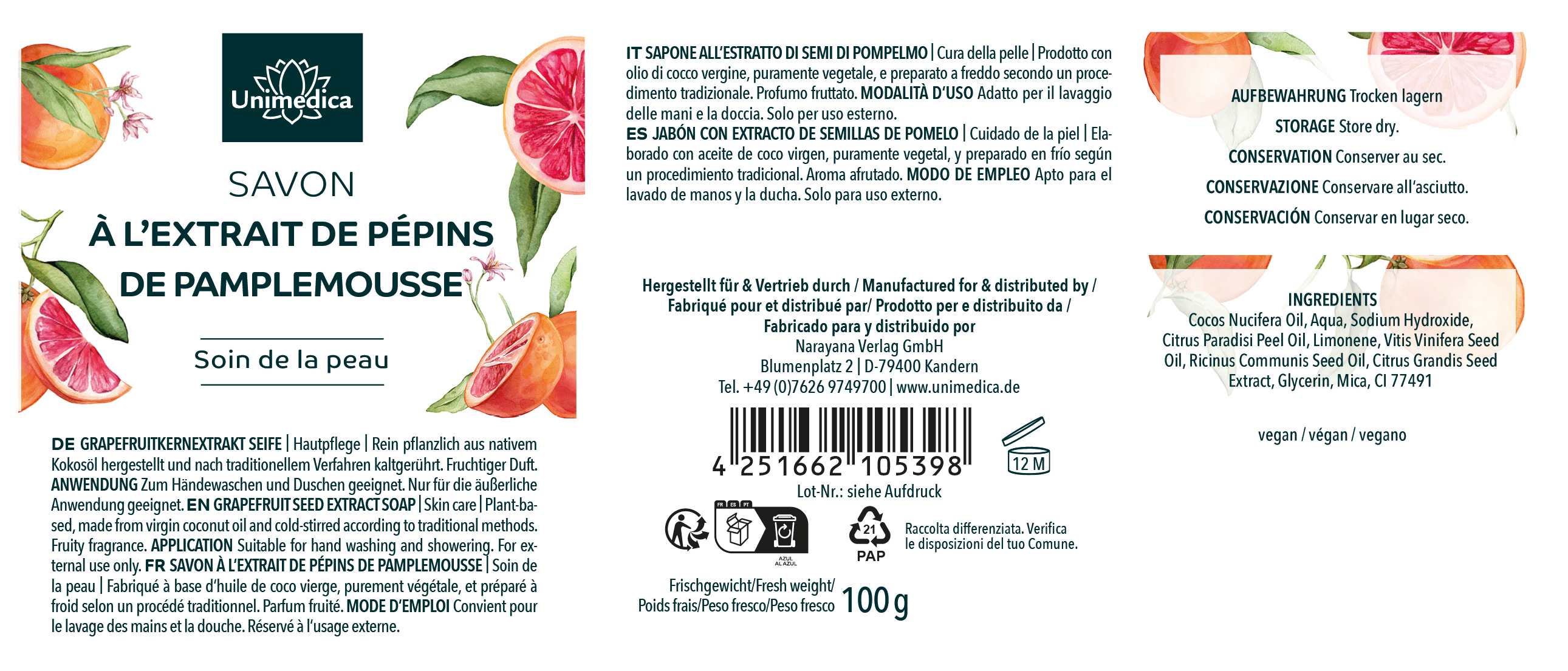 Lot de 2: Savon aux pépins de pamplemousse - savon de coco à l'extrait de pépins de pamplemousse  entièrement naturel et saponifié à froid - 2 x 100 g - par Unimedica