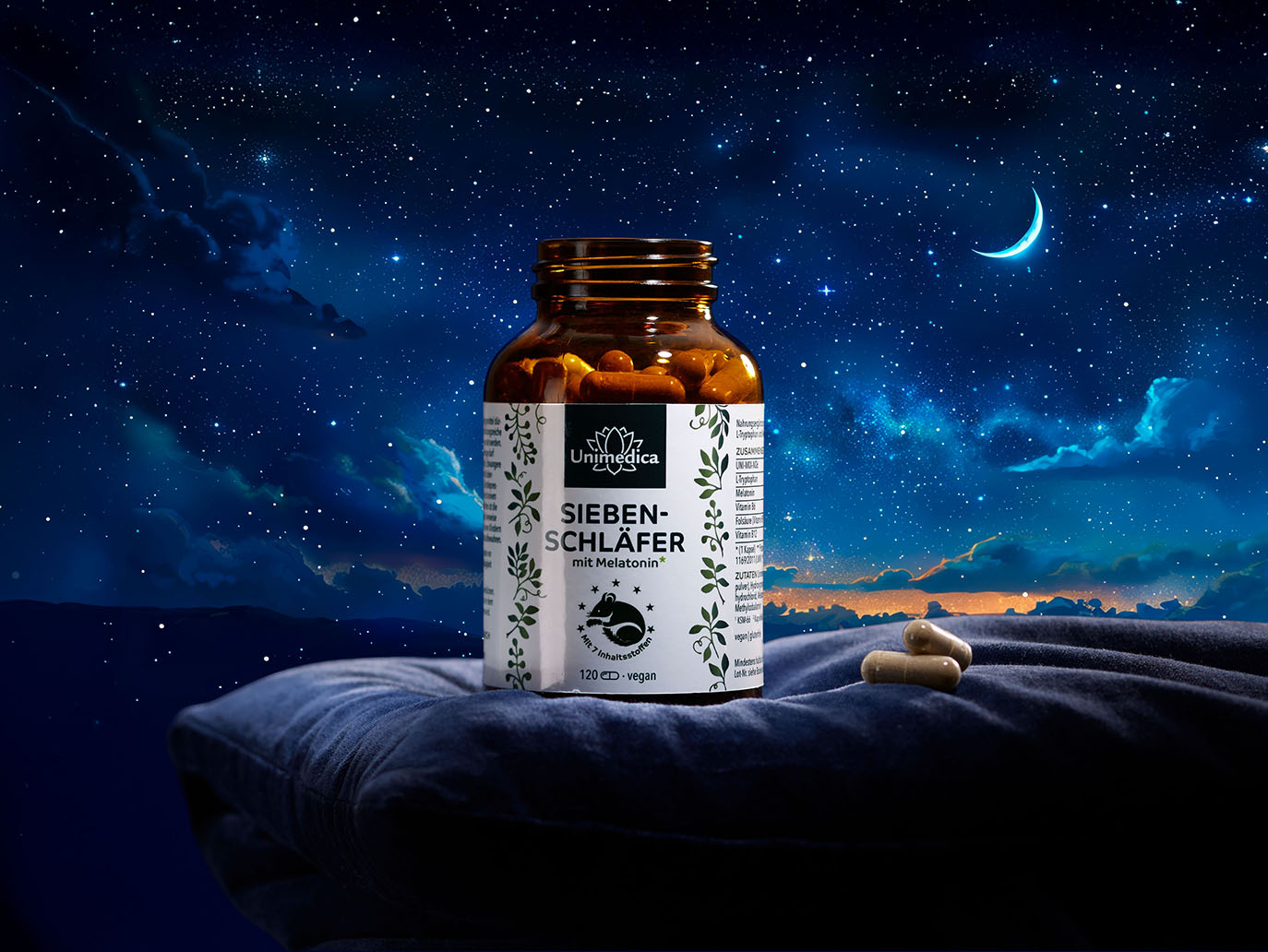 Siebenschläfer* - complex with melatonin, vitamins, L-tryptophan, organic ashwagandha and organic brahmi - 120 capsules - from Unimedica