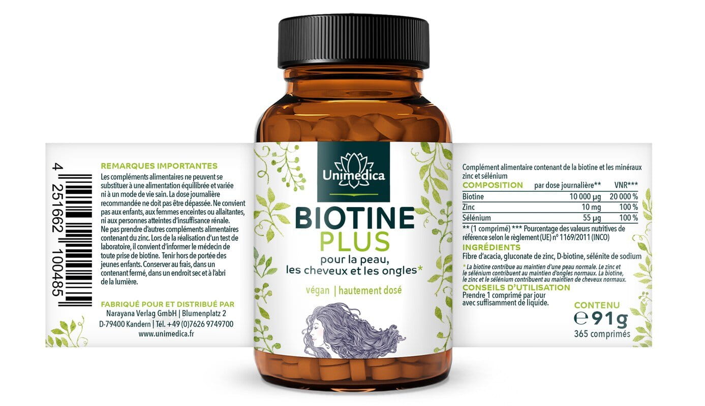 Biotine Plus avec sélénium et zinc* - pour la peau, les cheveux et les ongles - ultra hautement dosé - 365 comprimés - par Unimedica