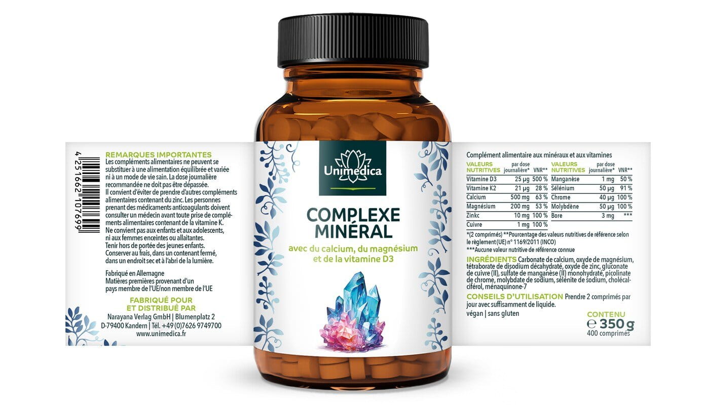Complexe minéral  avec du calcium, du magnésium et de la vitamine D3 - 400 comprimés - par Unimedica