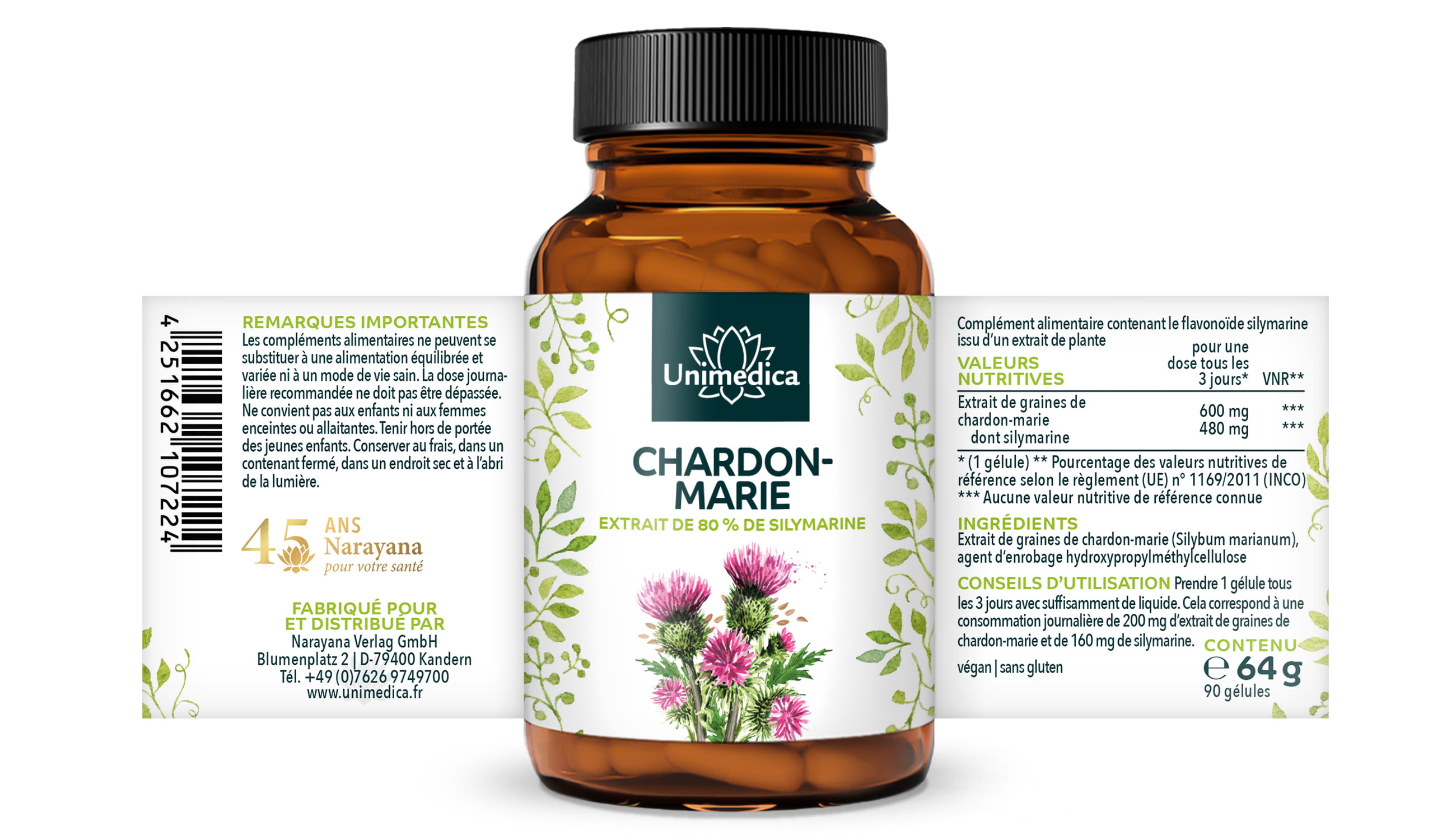Extrait de Chardon-Marie - 480 mg de silymarine par dose de 3 jours (1 gélule) - 90 gélules - par Unimedica