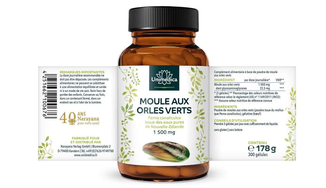 Moule aux orles verts - 1 500 mg par dose journalière (3 gélules) - 300 gélules - Unimedica