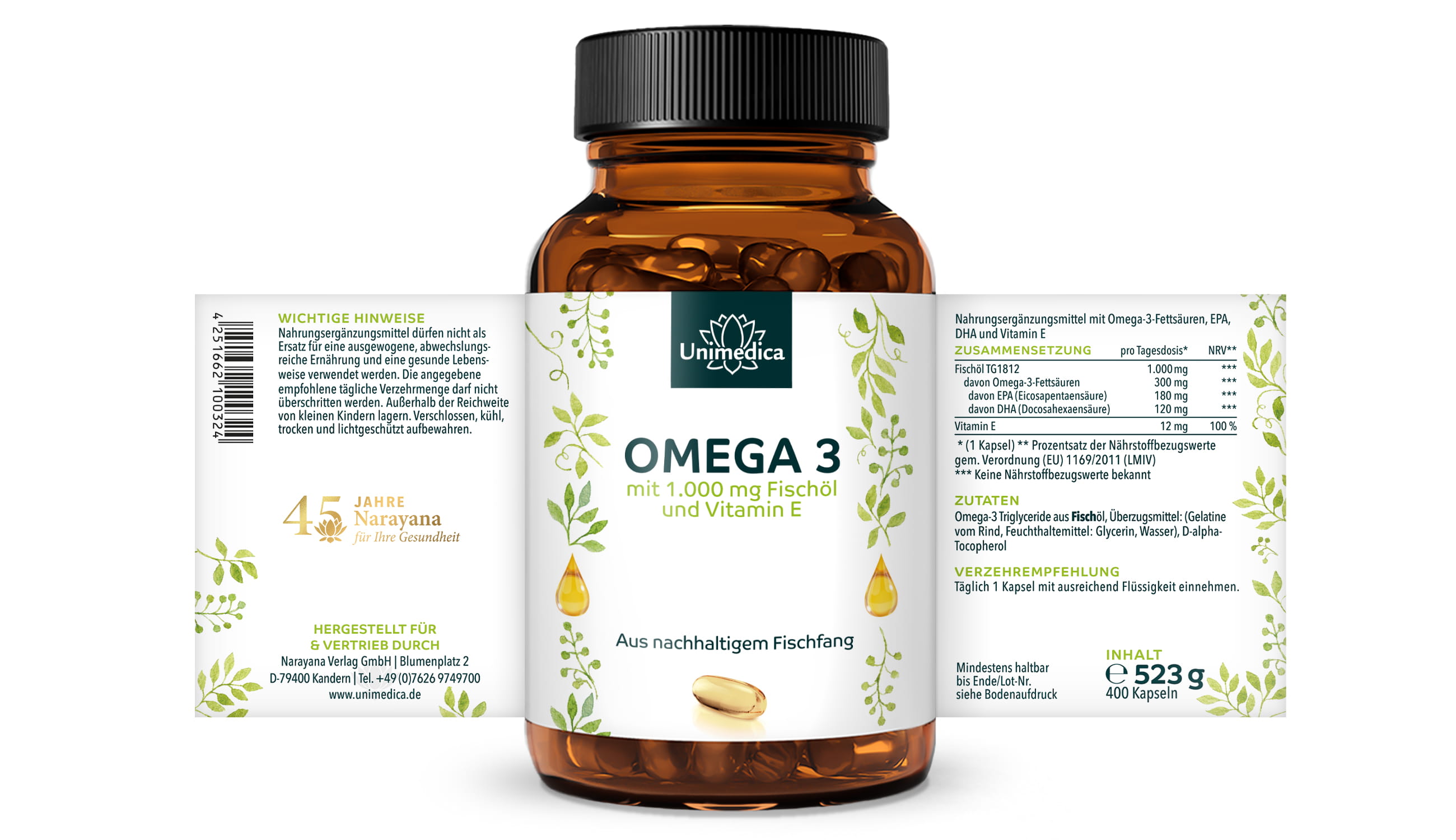 Omega 3 Fischöl - aus nachhaltigem Fischfang - 1000 mg pro Tagesdosis (1 Kapsel) - 400 Kapseln - von Unimedica - MHD: 31.08.2026