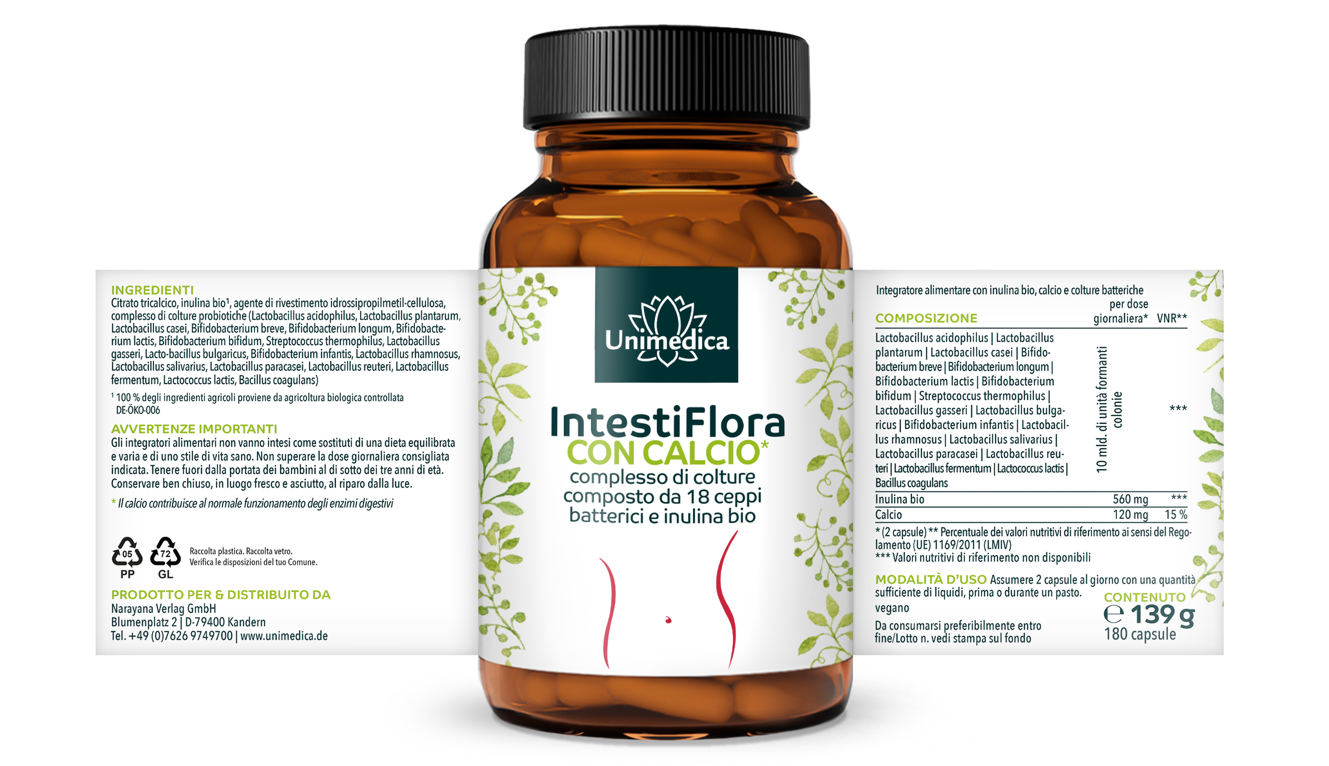 Darmflorin con calcio* - complesso di colture composto da 18 ceppi batterici e inulina biologica - 180 capsule - di Unimedica