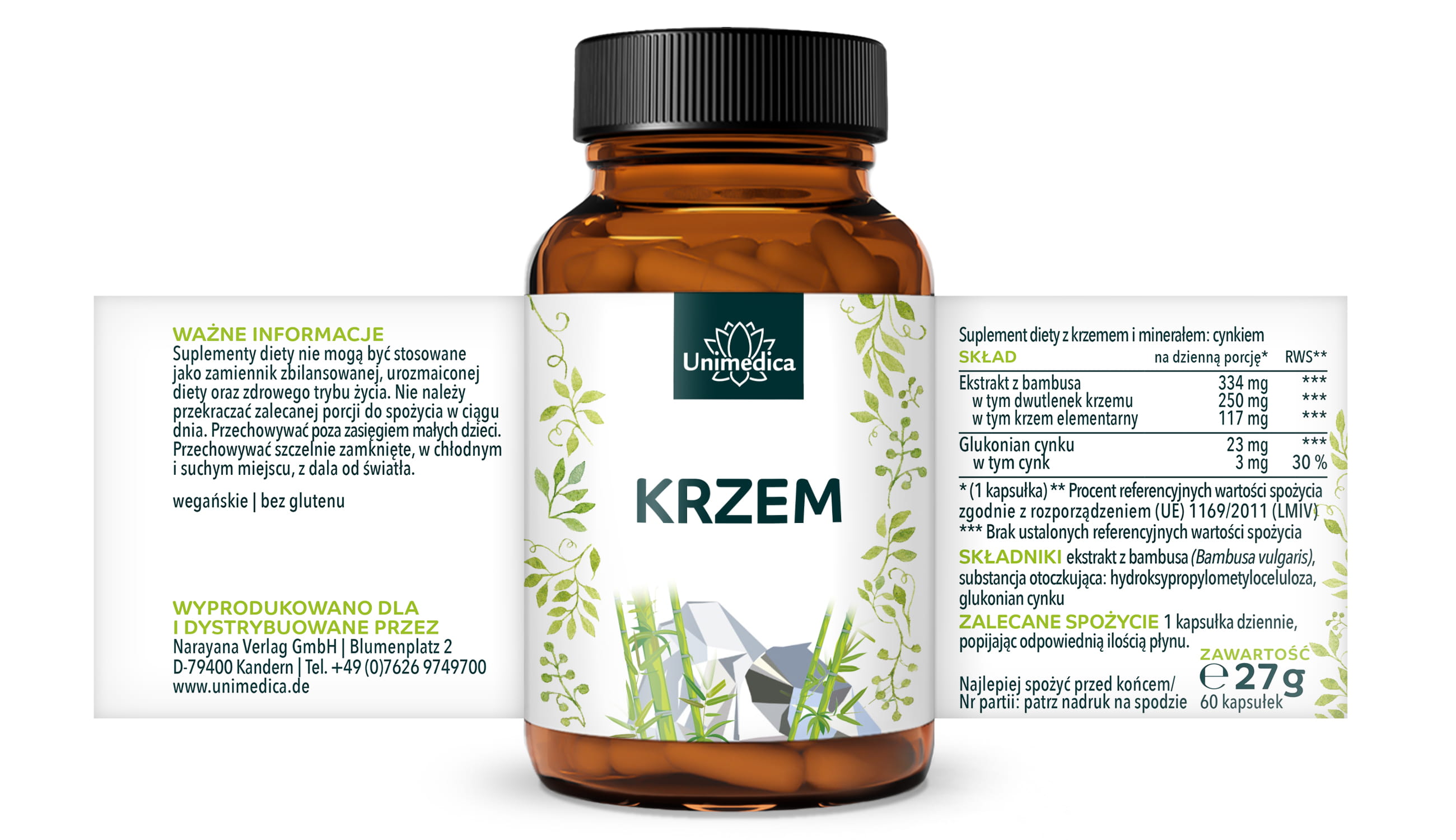 Krzem z ekstraktu bambusa z cynkiem - 250 mg krzemu na dawkę dzienną (1 kapsułka) - 60 kapsułek - od Unimedica