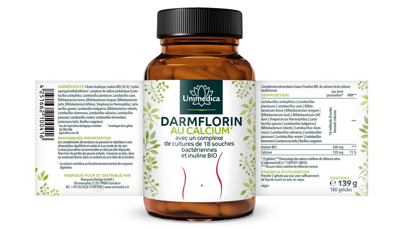 Lot de 2: Darmflorin avec calcium - avec complexe de cultures de 18 souches bactériennes et inuline BIO - 2 x 180 gélules - par Unimedica