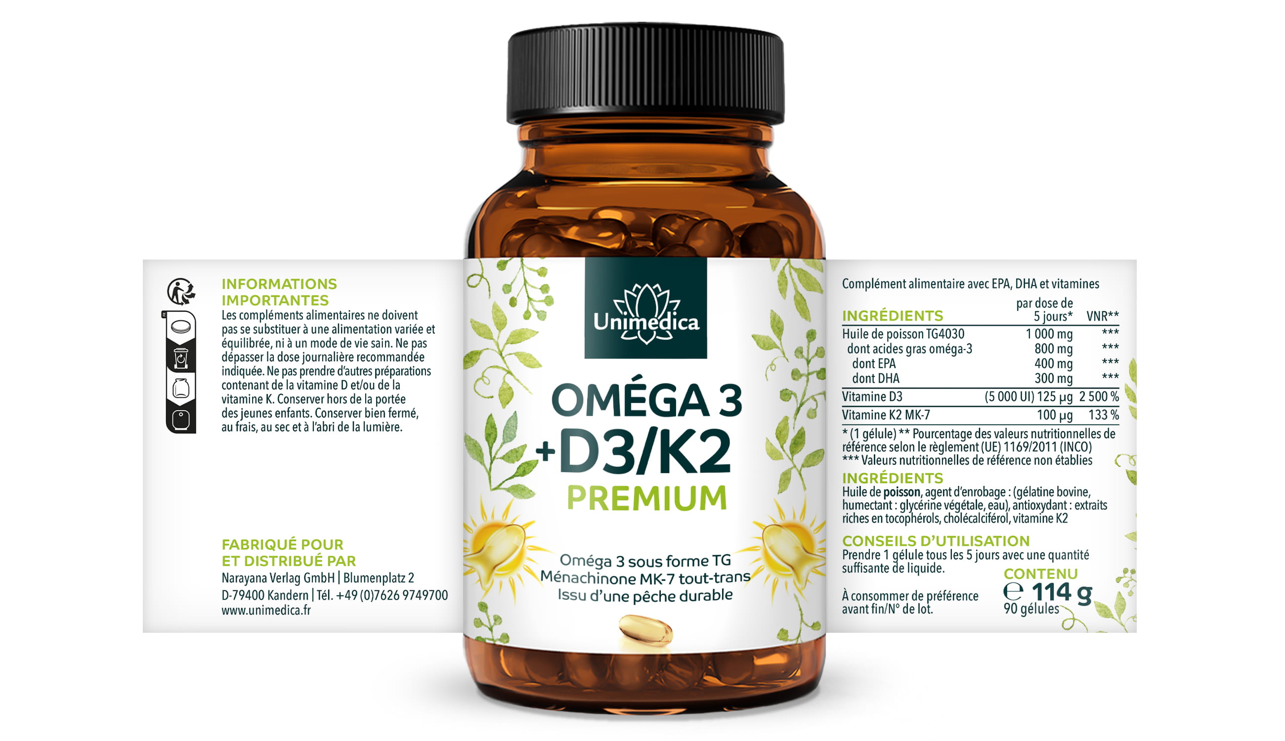 Vitamines D3 + K2 + Oméga 3 - Premium  produit issu de la pêche durable - 90 gélules - par Unimedica