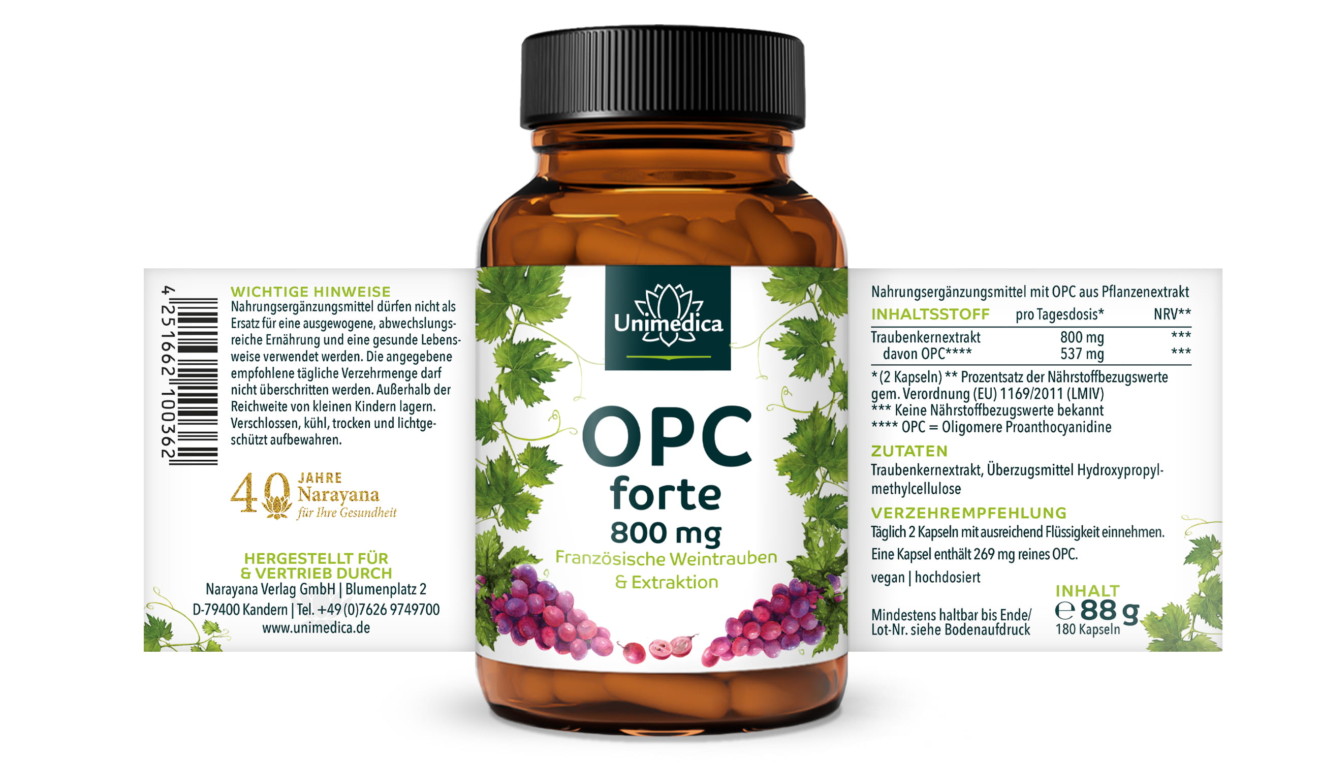 Set - 5x OPC forte - 800 mg Traubenkernextrakt pro Tagesdosis (2 Kapseln) - 180 Kapseln - von Unimedica