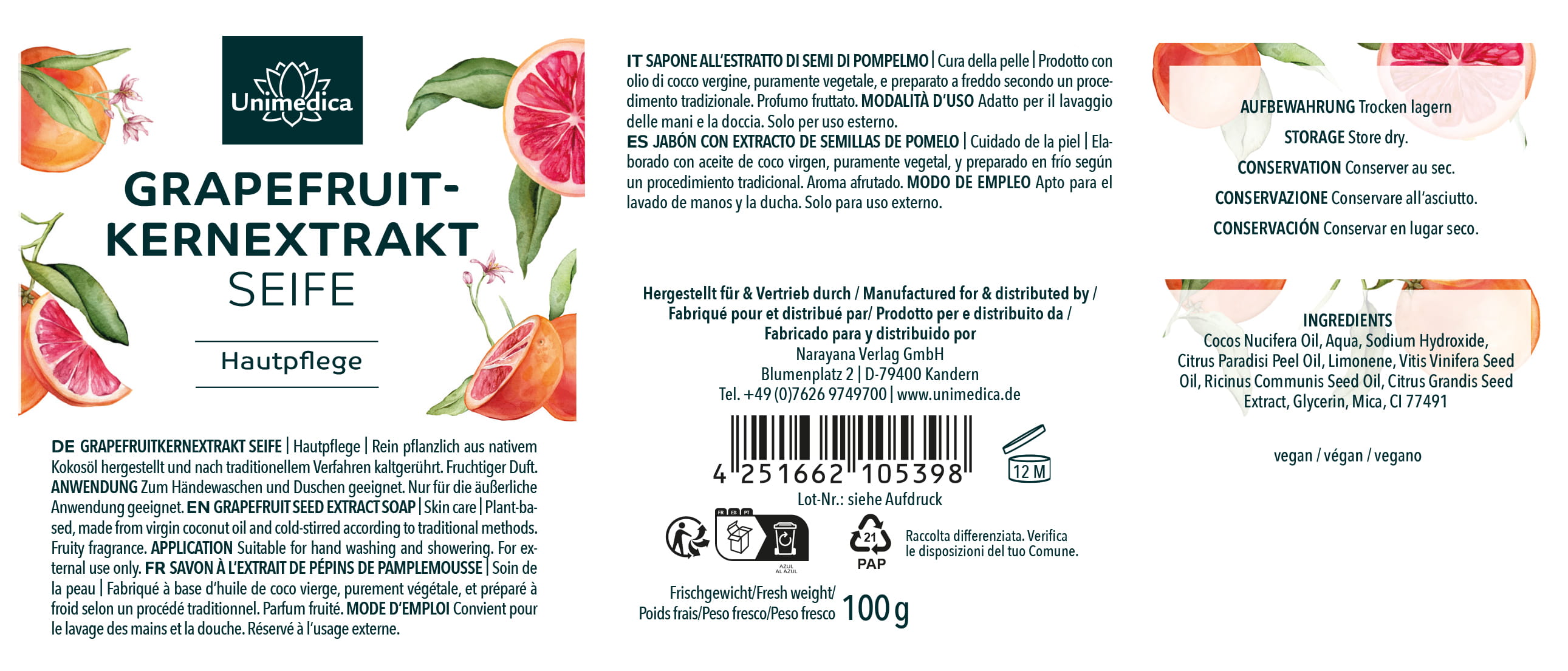 Grapefruitkern Seife - Grapefruitkernextrakt-Kokosseife - naturrein und kaltgerührt - 100 g - von Unimedica